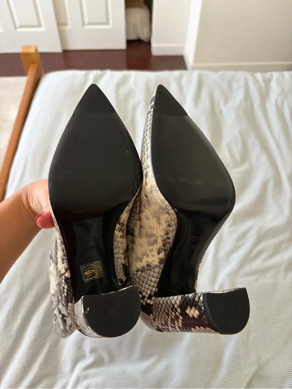 New Knee-High Snake Python-Print Block Heel Boots - White/Brown